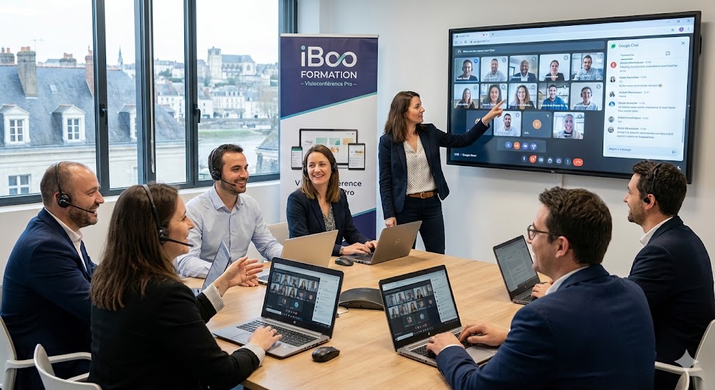 Formation Google Meet et Chat à Angers : équipe en réunion visioconférence sur écran interactif chez iBoo Formation