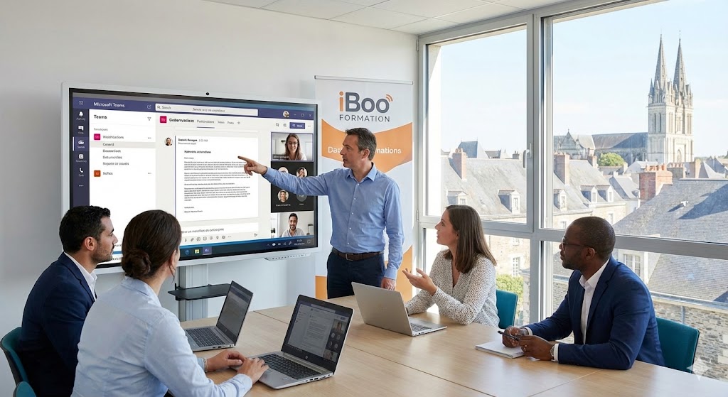 Formation Microsoft Teams en présentiel à Angers : formateur expert et stagiaires en salle de réunion chez iBoo Formation